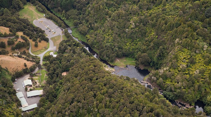 Aerial view of downstream area of Hunua falls. 
