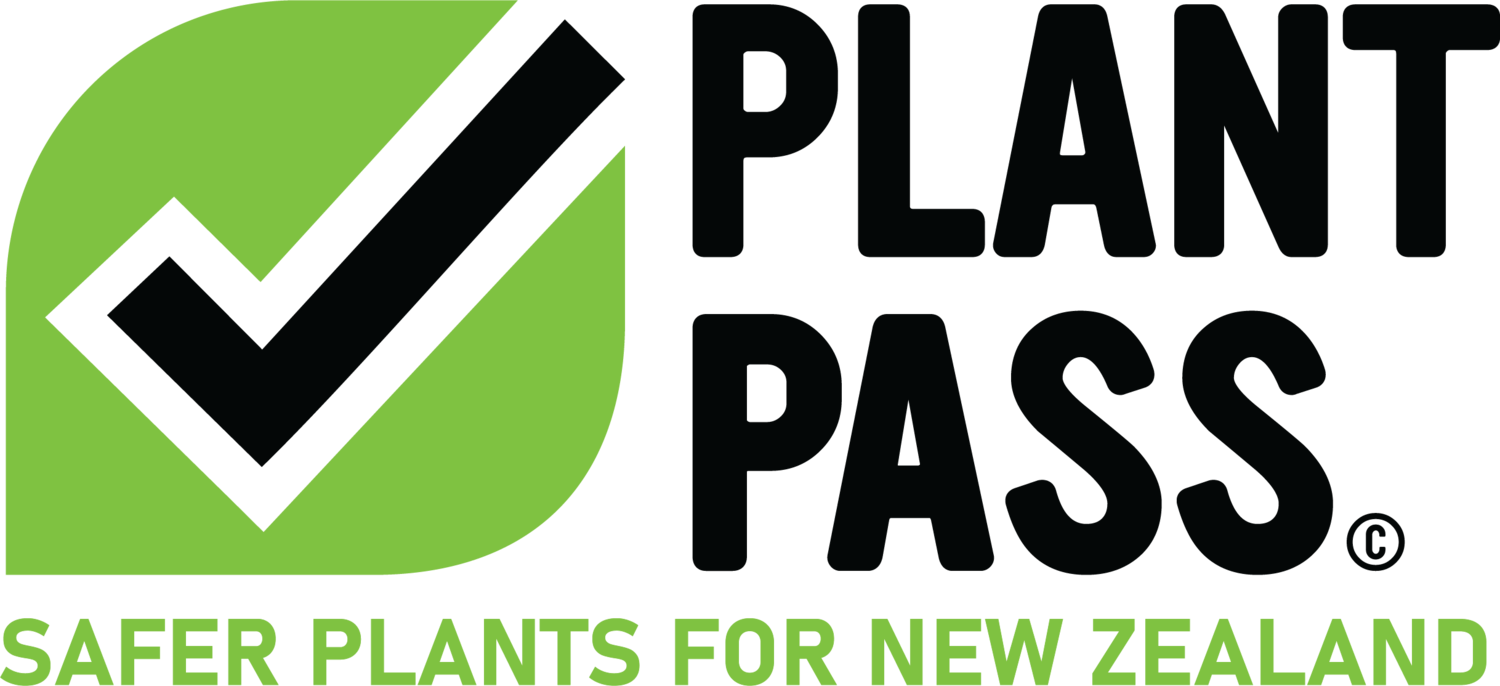 Black tick in green circle with text that reads Plant Pass, safer plants New Zealand