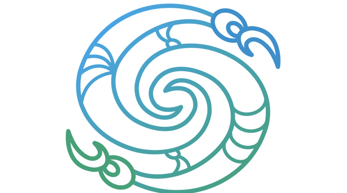 A stylised, circular spiral design featuring two intertwined eel-like creatures, depicted in gradient blue and green lines, forming a symmetrical and flowing pattern.