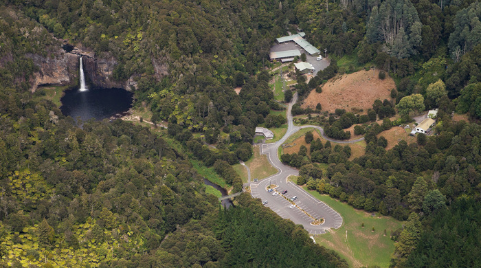 Aerial view of hunua falls and carpark.