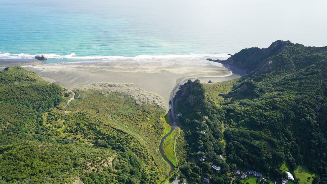 Karekare foredunes and backdunes framed by the small Paratahi Island and Union Bay. 