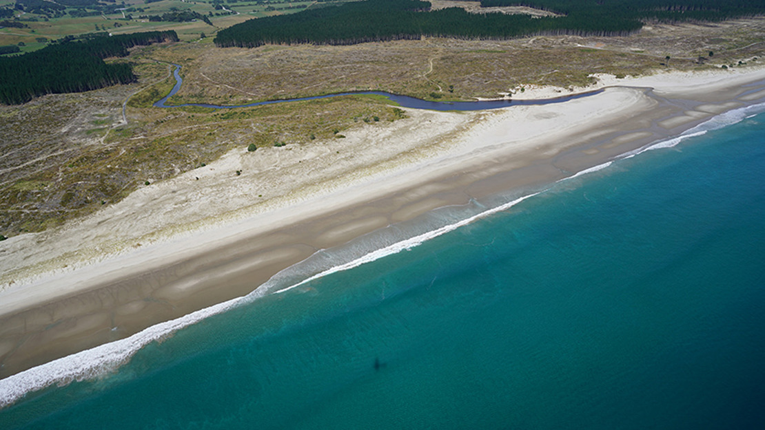 Dunes and Poutawa stream at Te Ārai Beach. 