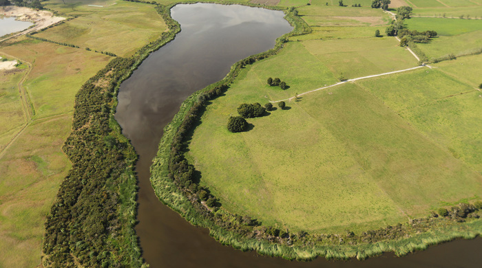 Spectacle Lake, surrounding vegetation and pasture.