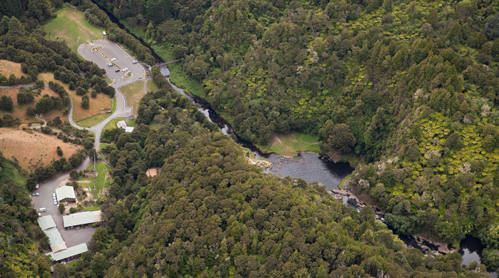 Aerial view of downstream area of Hunua falls. 